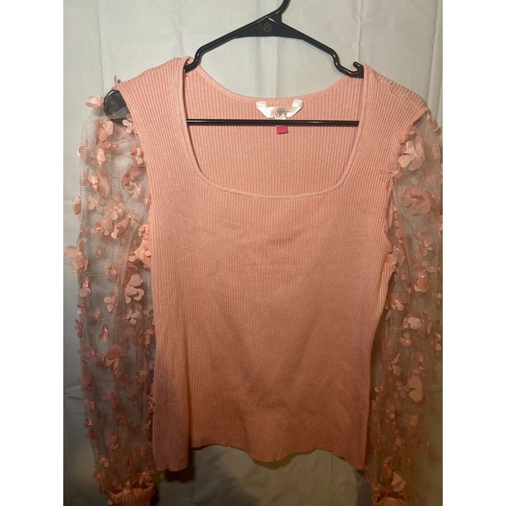 No Boundaries Pink Coquette 3D Floral Mesh Sleeve Ribbed Top Size L - Picture 5 of 5